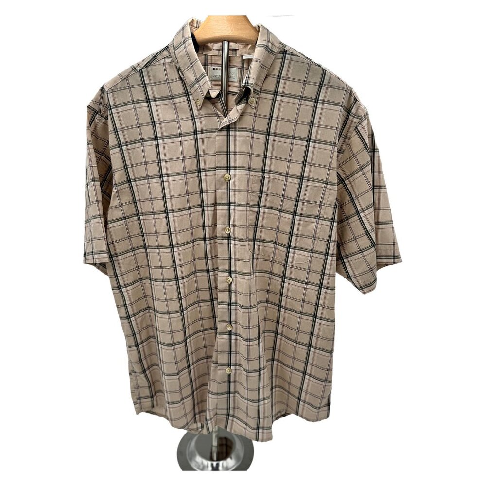 Business Casual Plaid Wrinkle Free Shirt by Natural‎ Issue in Tan and Navy Sz M